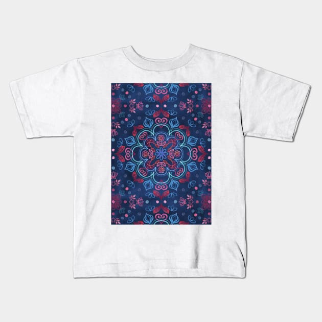 Cherry Red & Navy Blue Watercolor Floral Pattern Kids T-Shirt by micklyn